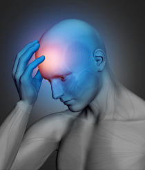 A digital image of a humanoid figure with blue skin illuminated by a red glow at the forehead, seemingly deep in thought or experiencing a moment of enlightenment at home.