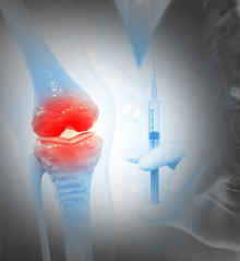 An illustration of a knee joint affected by arthritis, highlighted in red to signify inflammation or pain, with a medical professional's hand holding a home improvement syringe nearby, suggesting a treatment or injection for the