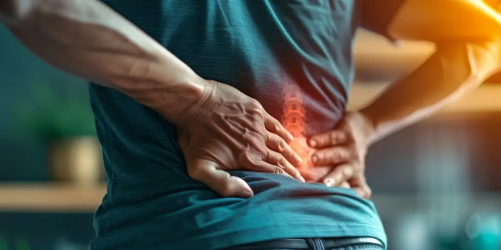 A person experiencing lower back pain due to spinal stenosis, clutching their back with both hands. The image highlights the spine area with a digital overlay illustrating spinal discomfort.