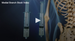 Two syringes juxtaposed against a background featuring a part of a human skeleton, with a play button indicating videos about a medial branch block procedure.