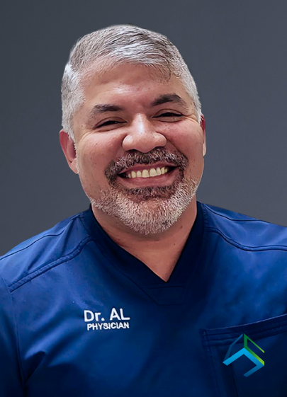 A cheerful physician in blue scrubs with a name tag reading "Dr. Al" offers a variety of healthcare services.