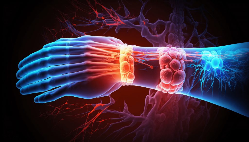 Digital illustration of a human arm with highlighted nerves and inflammation at the wrist, suggesting carpal tunnel syndrome or another repetitive strain injury, relevant to wrist surgery.