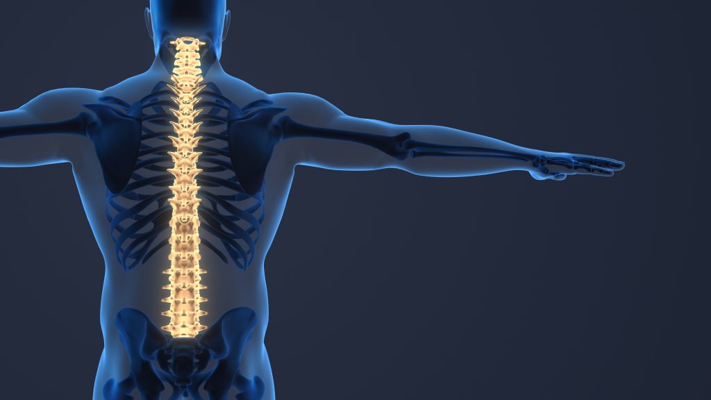 Digital illustration of a human skeleton highlighting the cervical spine in glowing yellow, set against a dark blue background with a semi-transparent silhouette of a human body in a t-pose.
