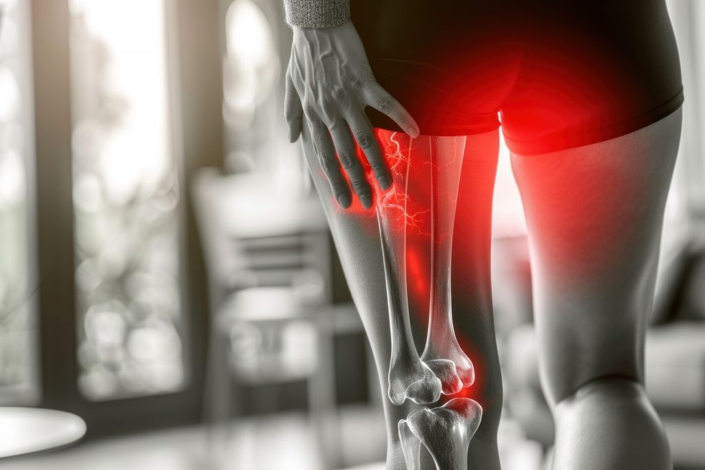 A person experiencing chronic knee pain, highlighted by a red digital overlay on the knee joint, while holding the affected area with their hand in a room with soft background lighting.