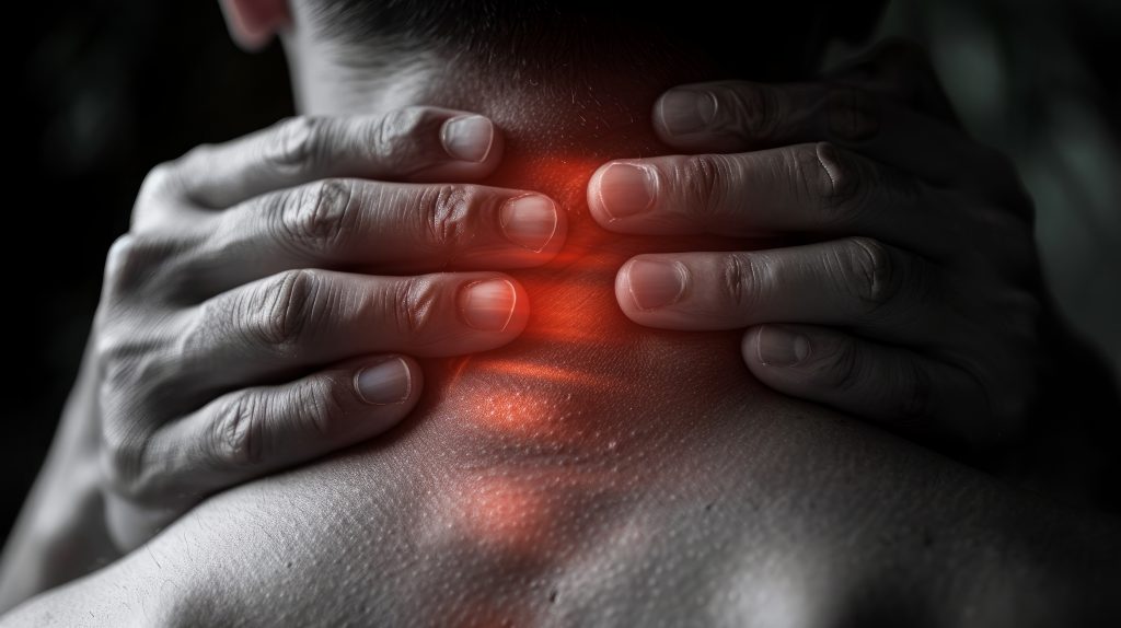 A close-up of a person's back of the neck with two hands massaging it. A red glow highlights the area, suggesting stress or tension in the neck muscles. The image is in monochrome except for the red glow, which accentuates cervical spine problems.