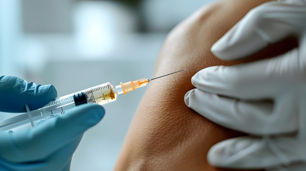 A close-up image of a medical professional's gloved hands administering an injection into a patient's upper arm. The syringe, used for regenerative injection therapy, is filled with yellowish liquid, and the patient's skin is slightly indented where the needle is about to penetrate.