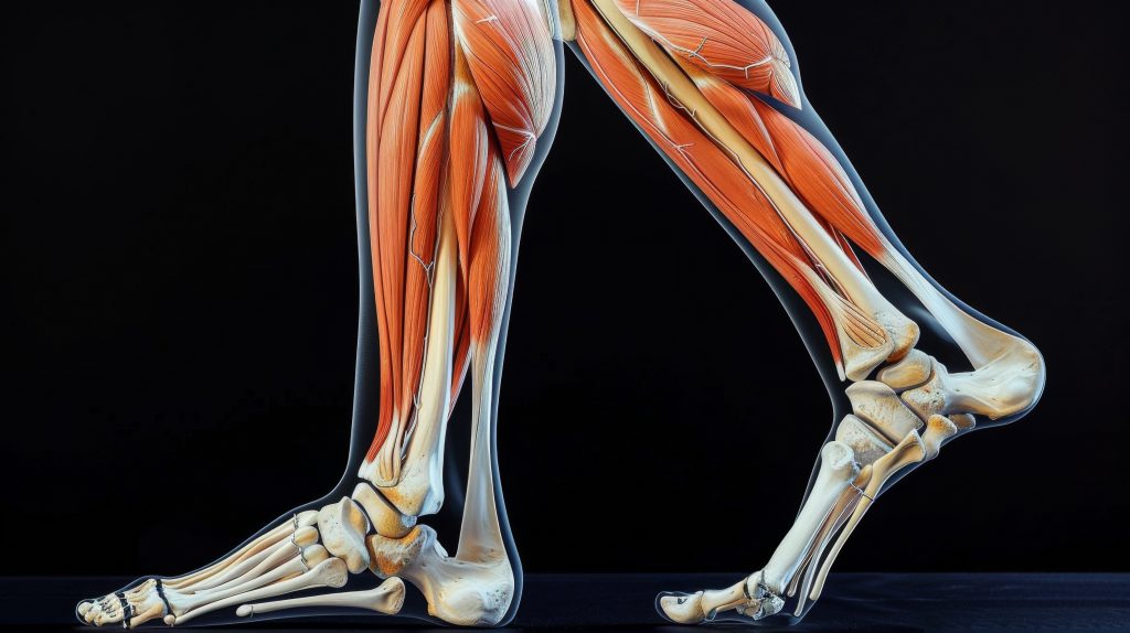 An anatomical illustration shows a transparent view of human legs and feet, highlighting the bones and muscles in detail against a black background. The right foot is flat on the ground, while the left foot is in a lifted position, showcasing the arch and structure essential for preventing infections post ankle surgery.