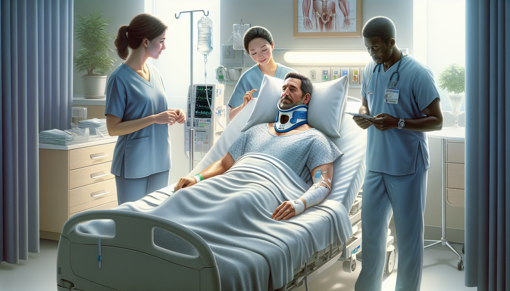 Patient in a bed surrounded by nurses post-surgery.