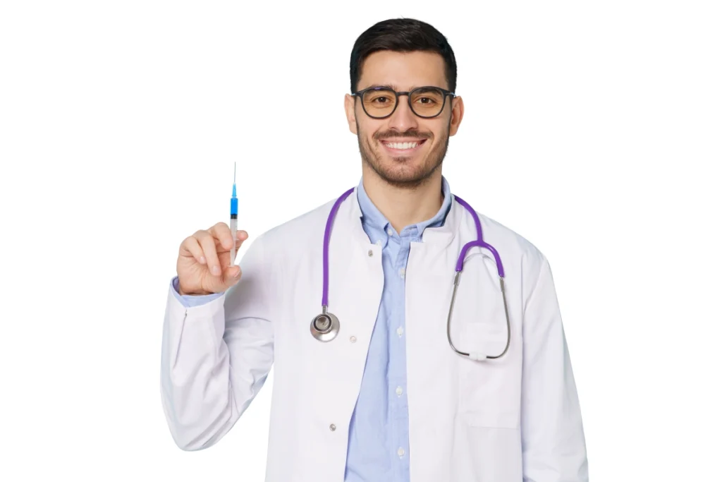 Physician holding a spinal injection while explaining epidural and facet joint injection options for chronic back pain treatment and symptom relief.