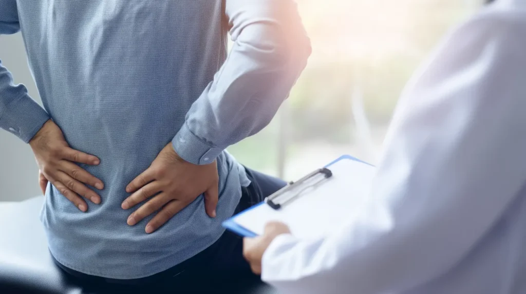 Patient holding their lower back while consulting a doctor, representing SI joint injection treatment for sacroiliac joint pain and dysfunction.